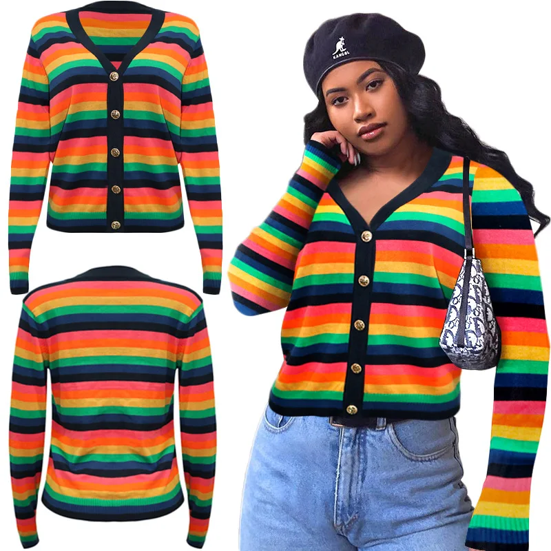 Wholesale fashion 2021 rainbow stripe print V-neck button cardigan sweaters Women Tops