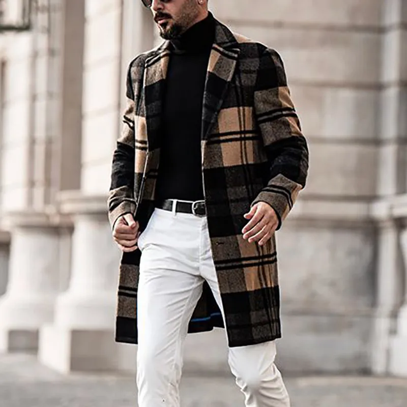 man parkas overcoat fall 2024 new style 80% polyester leisure plaid wool long mens coat