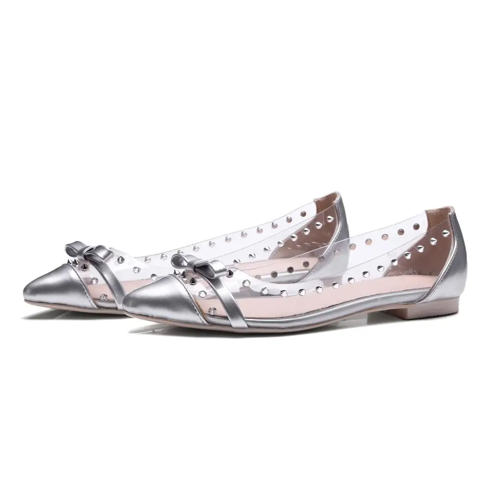 
New Arrival Rivets Bow Slip on Pointed Toe Transparent Fashion Ladies Shoes Women Flats 