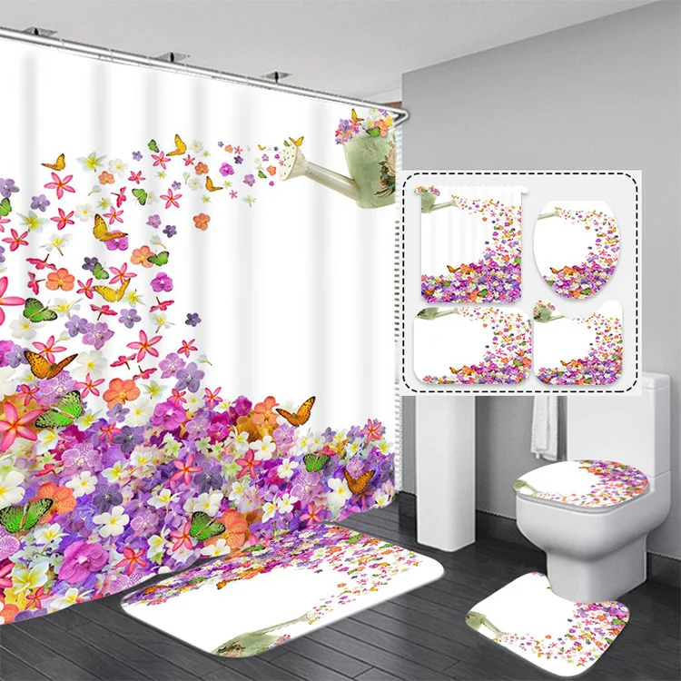 Spring Pink Purple Floral Waterproof Fabric Shower Curtain Set with 3 Bathroom Mats