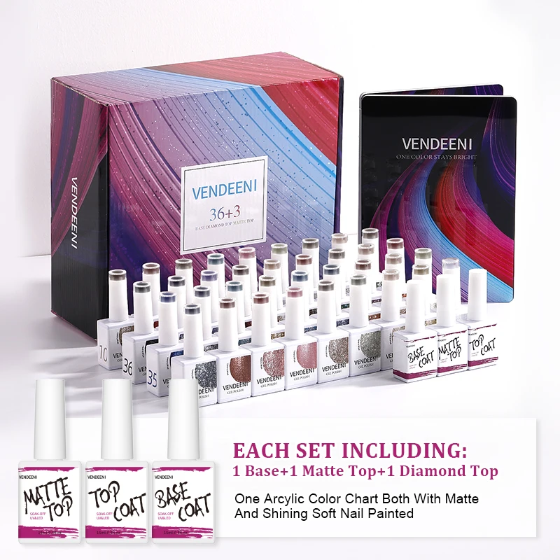 Блестящий эмалевый набор Vendeeni стойкий салонный Платиновый гель с матовым блестящим топом гелевое Базовое покрытие