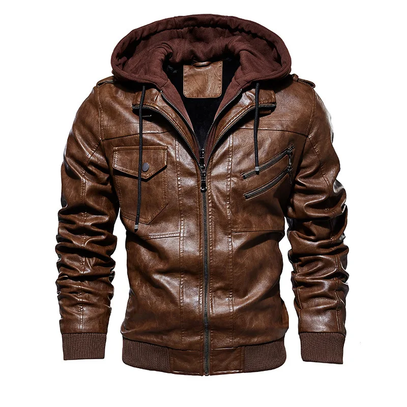 Cuero Chaquetas-de-piel Hombr Rompevientos Chaqueta brown leather jacket Men Shearling Zipper Hooded Coat Brown Leather Jacket