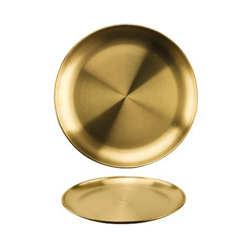 hot sell 304 stainless steel food grade plate with custom logo thick metal dinner buffet BBQ round dish tray
