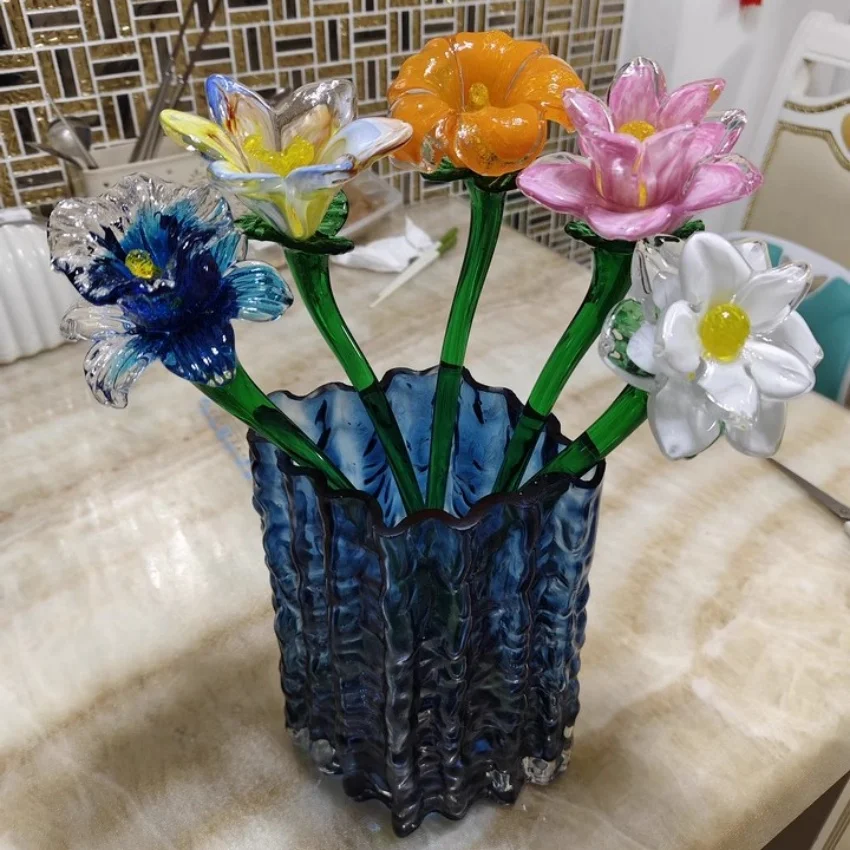 Artificial flowers Hand Blown Art Nordic Folk Art Decorative Long Stem vivid colored murano glass flower vase decoration flowers