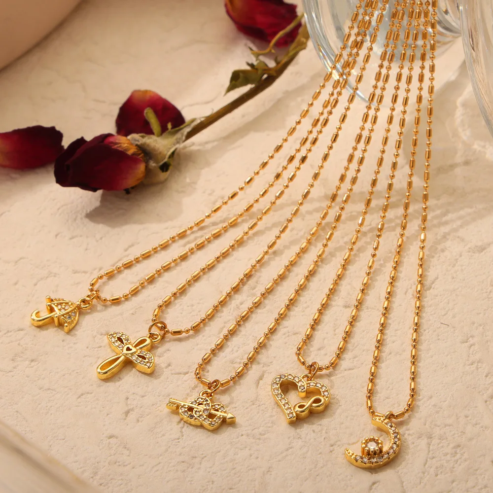 Summer Jewelry Waterproof Stainless Steel 18K Gold Plated Cross Moon Heart Pendant Necklace for Women