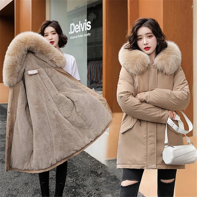 2024 New Winter Jacket Women Parka Fashion Long Coat Wool Liner Hooded Parkas Slim With Fur Collar Warm Snow Wear Padded Clothes