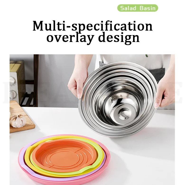 Multiple sizes thickening multicolor lid salad bowl stainless steel mixing bowl with silicone base