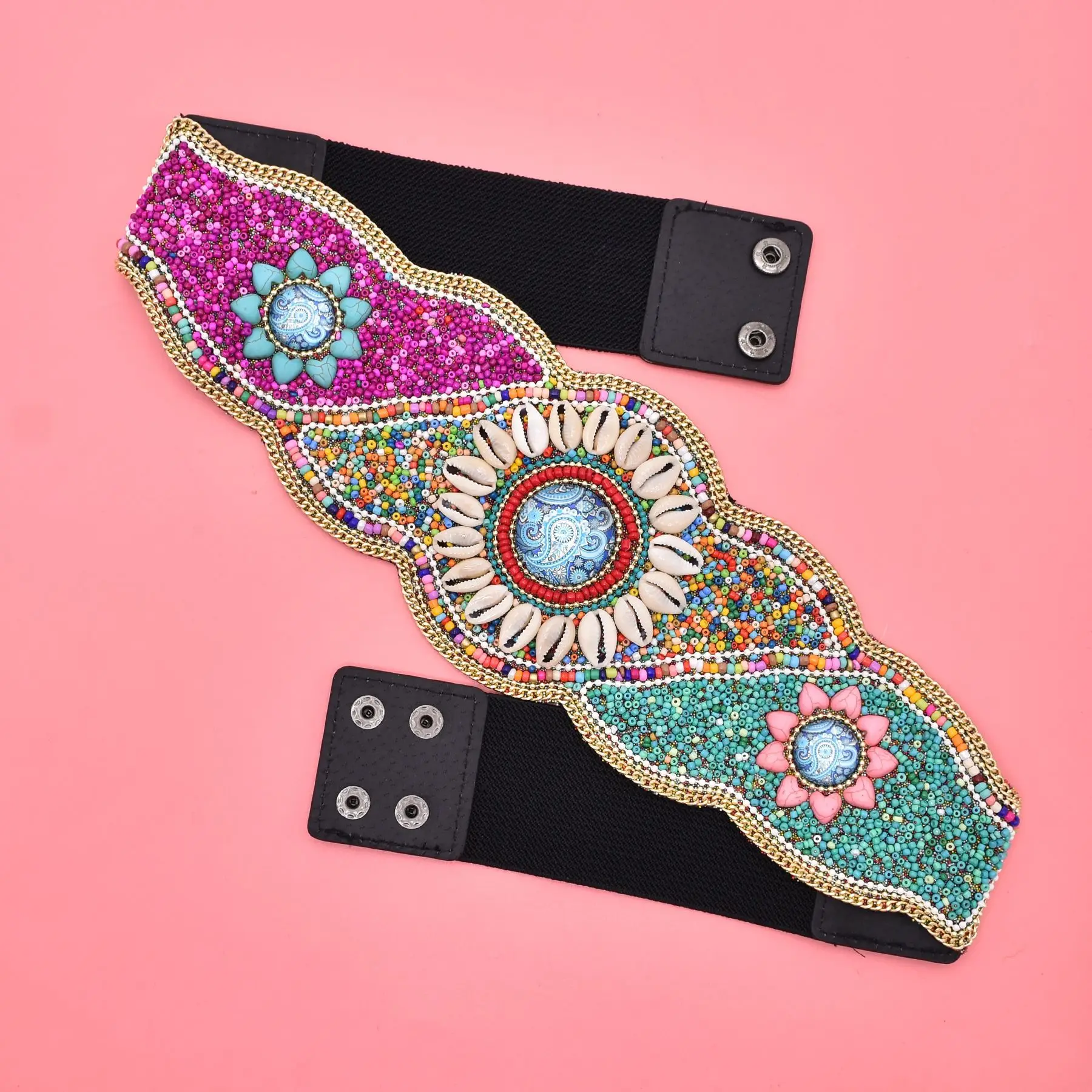 New Vintage Body Jewelry Belts Women Handmade Beaded Flower Adjustable Belt Ethnic Elastic Ladies Dress Beaded Waist Belt