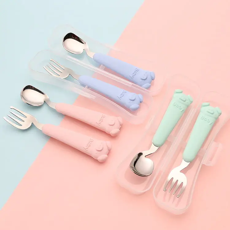 304 Stainless steel spoon and fork set silicone handle  for Children