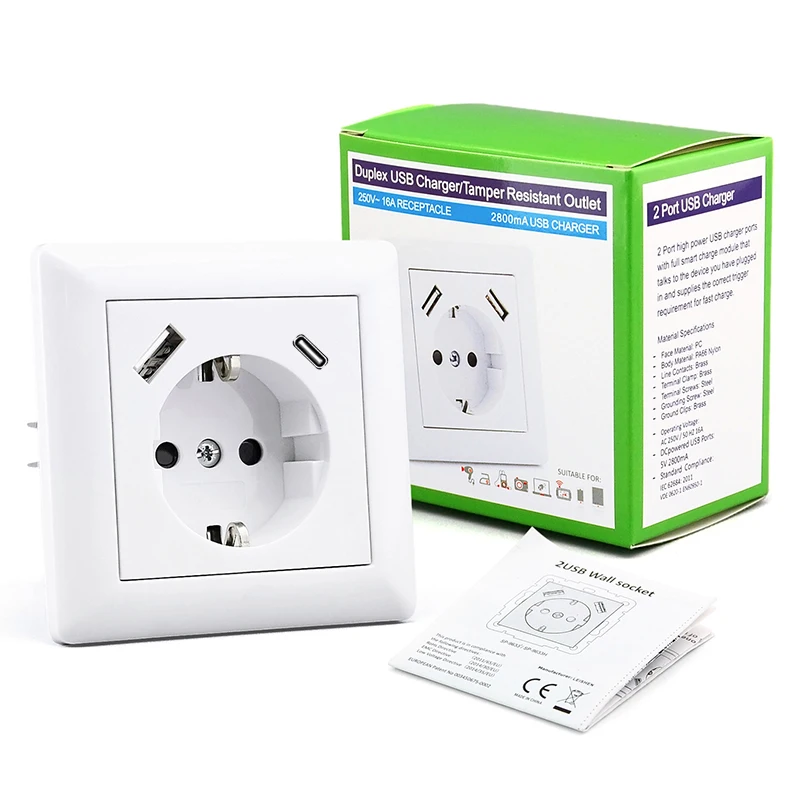 LEISHEN SP-9633F2 Patent  flush mounted EU standard German USB Wall socket and Schuko Socket with Dual USB A+C fast charger 3.4A
