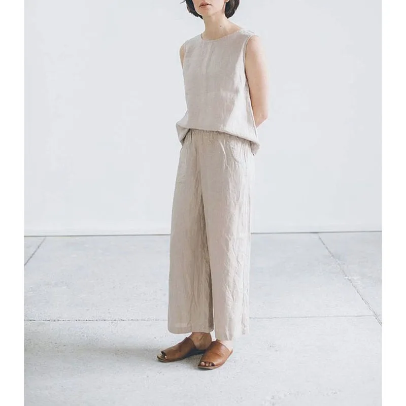 High Quality Ladies Women Solid Color 100% Pure France Flax Linen Fabric Wide Leg Palazzo Ninth Pants Cloth Set For Summer