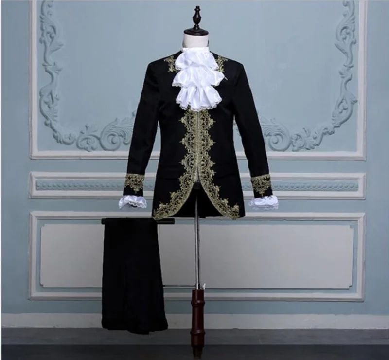 New Men Renaissance Costume Vintage Military Tunic Court Jacket and Pant neckties Set Uniform Top Coat Fancy Dress Medieval