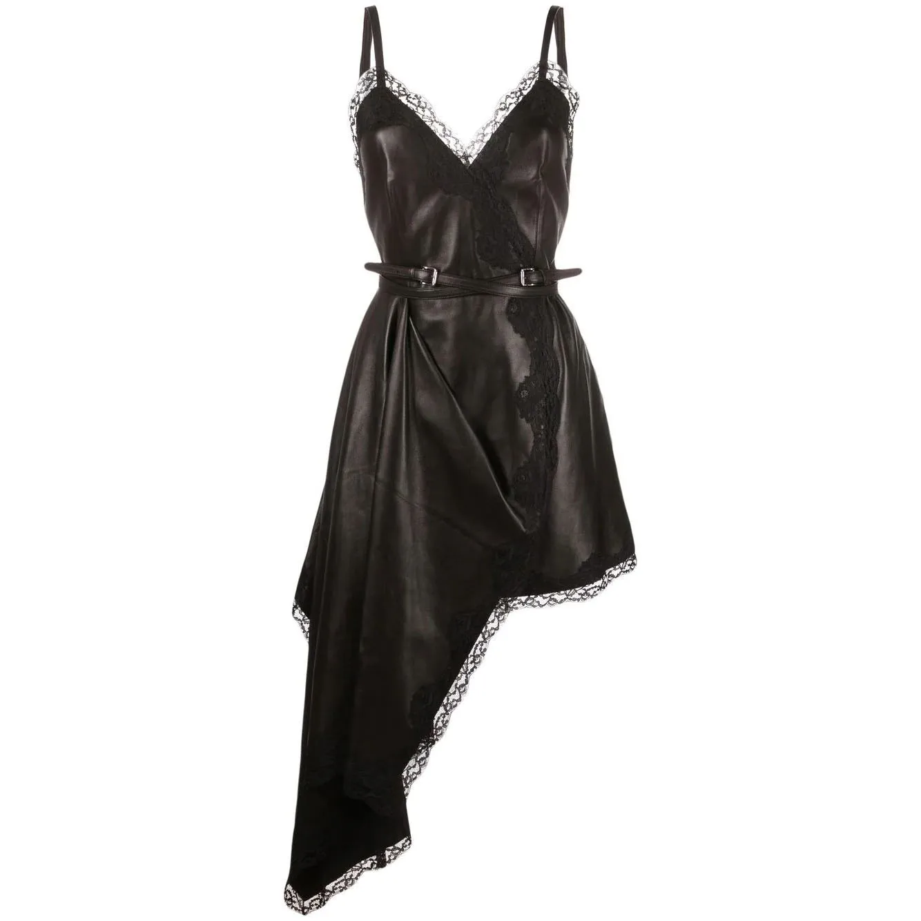 OEM Fashionable Strap V Neck Waist Brand PU Backless Women Party Asymmetric Lace-trim Mini Black Leather Dress