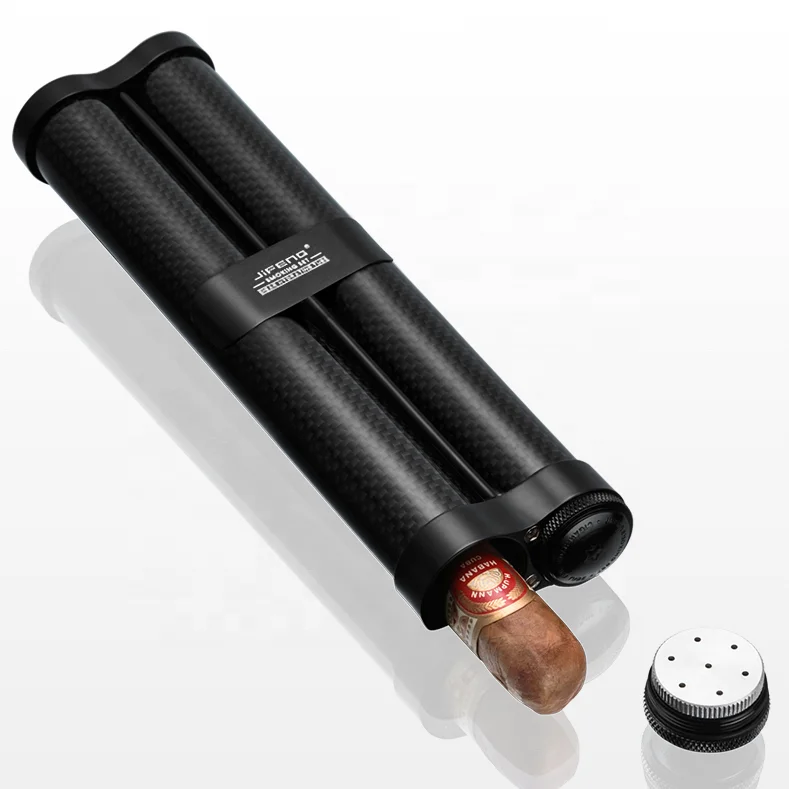 JIFENG JF-029 custom carbon fiber cigar storage tube for 2 cigars 52-57 ring gauge with humidifier