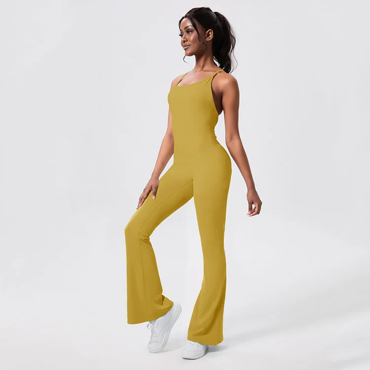 One Piece Flared Fitness Workout Bodysuit Hollow Out Sexy V Back Yoga Sets For Women Bodycon Fitness Yoga Sports Jumpsuit