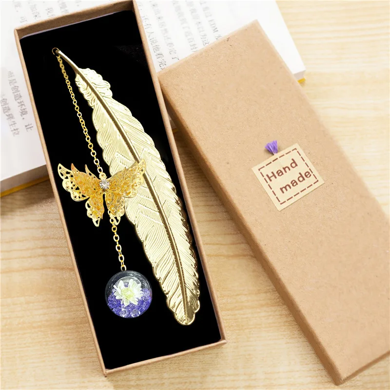 Flower Specimens Butterfly Pendant Bookmark Chinese Style Creative Metal Feather Stationery Book Marks for Teacher Gift Supplies