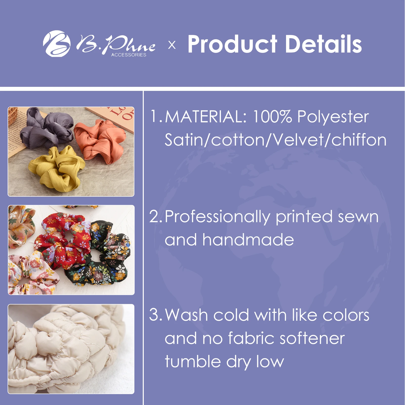 B.PHNE Custom Color Logo fluffy large elastic hair bands satin scrunchies silk satin ponytail women for hair