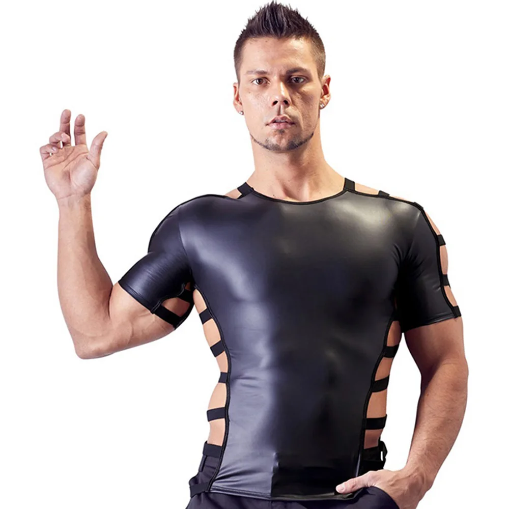 Чудо-Красота Сексуальные черные мужские топы с коротким рукавом с вырезами для клуба геев экзотическое сексуальное мужское белье для танцев на шесте гей Фетиш сексуальные топы