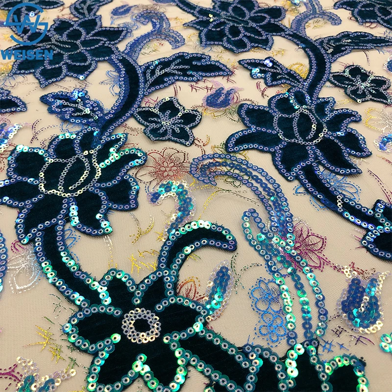WS30089 High Feedback Floral Embroidery Sequins Net Lace Fabric Embroidered Sequined 3d Lace Fabric