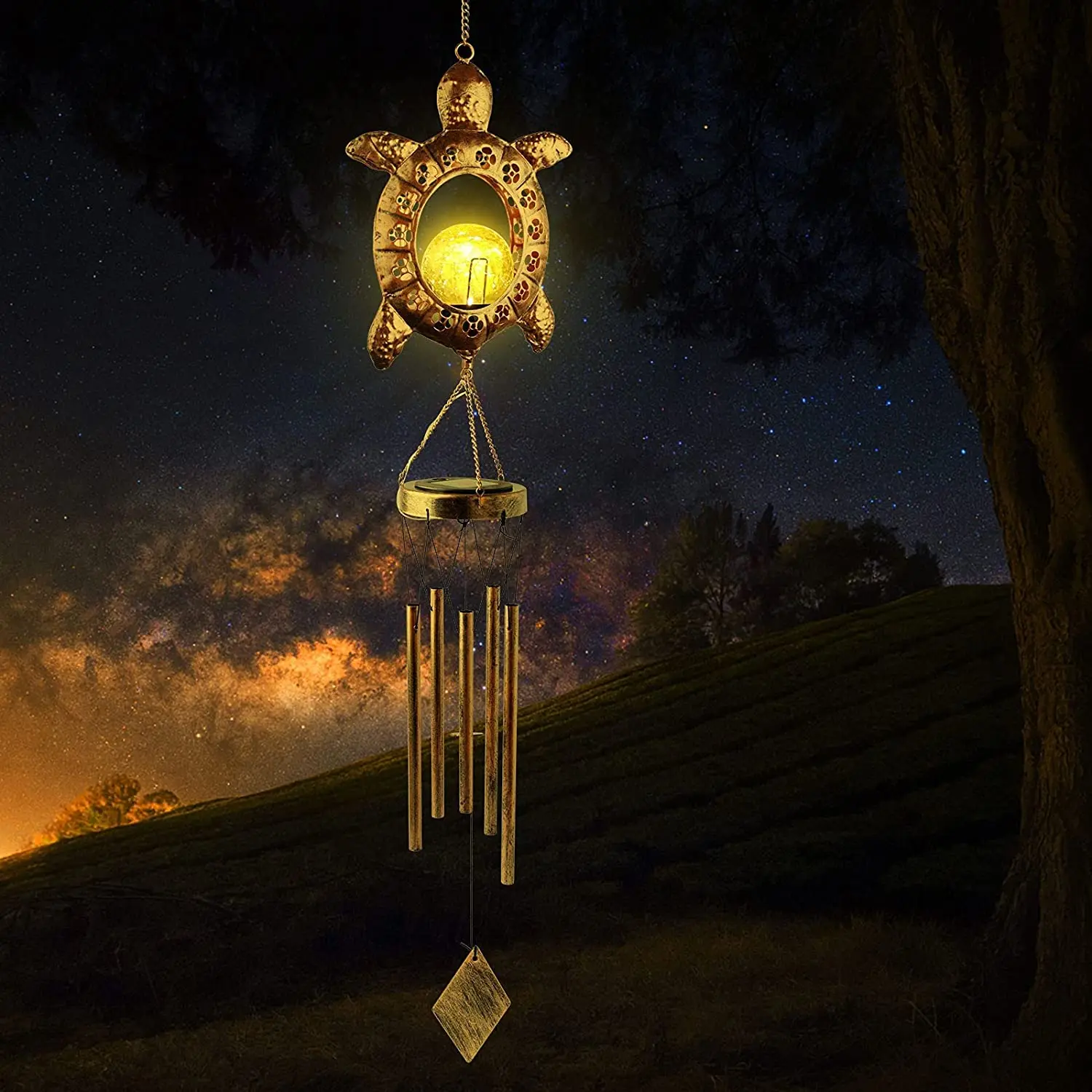 Sea Turtle Metal Retro Copper Led Solar Memorial Musical Sympathy Wind Chimes Light with Crackle Glass Ball for Garden Patio