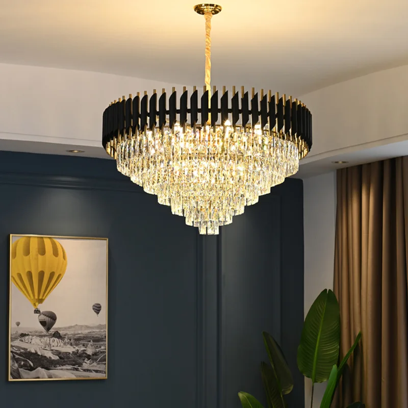 Modern vintage long living room bedroom big led luxury hotel k9 crystal black antique chandelier lighting