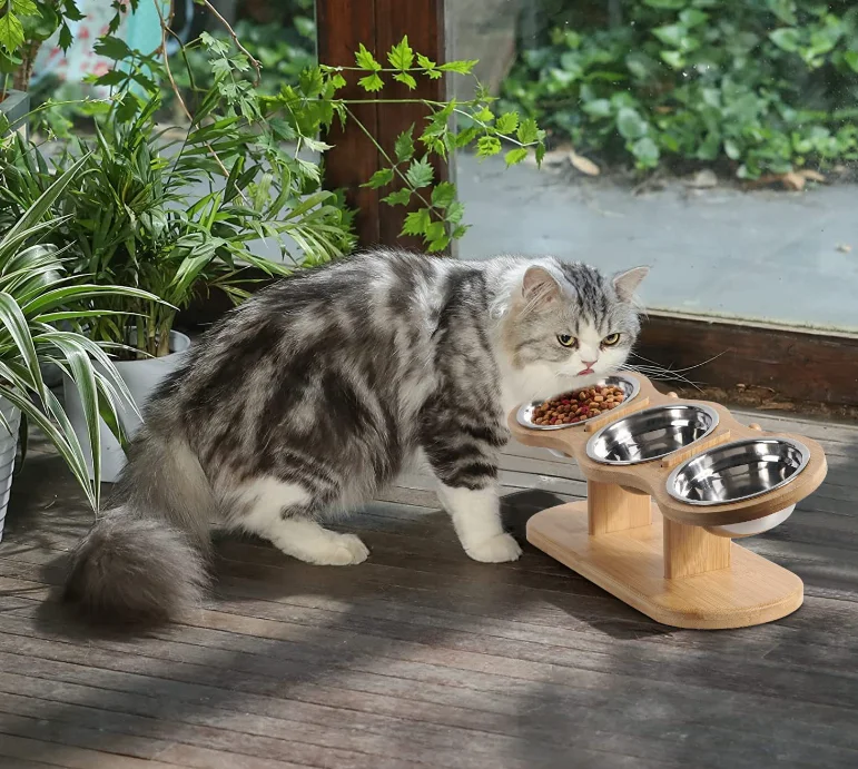 Wholesale custom logo small pet diagonal anti-upset pet dog bowl protection cervical vertebra adjustable bamboo frame