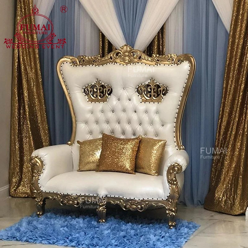 King throne chair design wooden frame white leather couple chair for bride ang groom