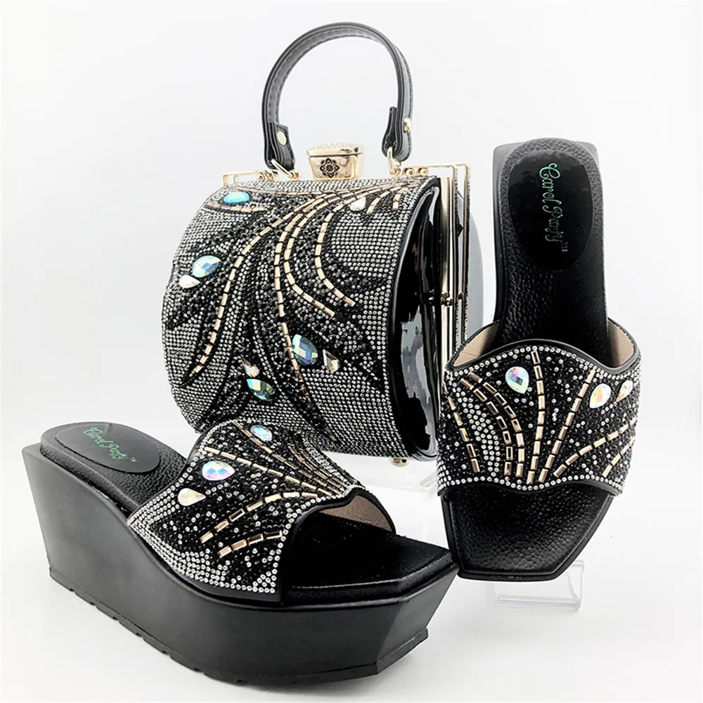 Italian style ladies party shoes with matching bags set flat heel platform shoes  EF38