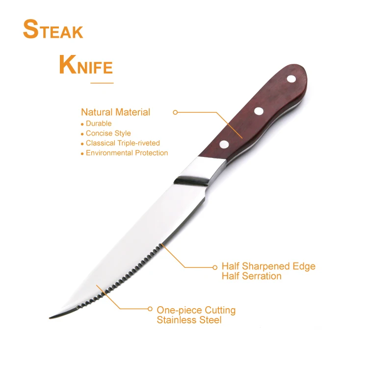 Classical Triple-riveted Half Serrated and Half Sharpened Blade Steak Knife with Wooden Handle