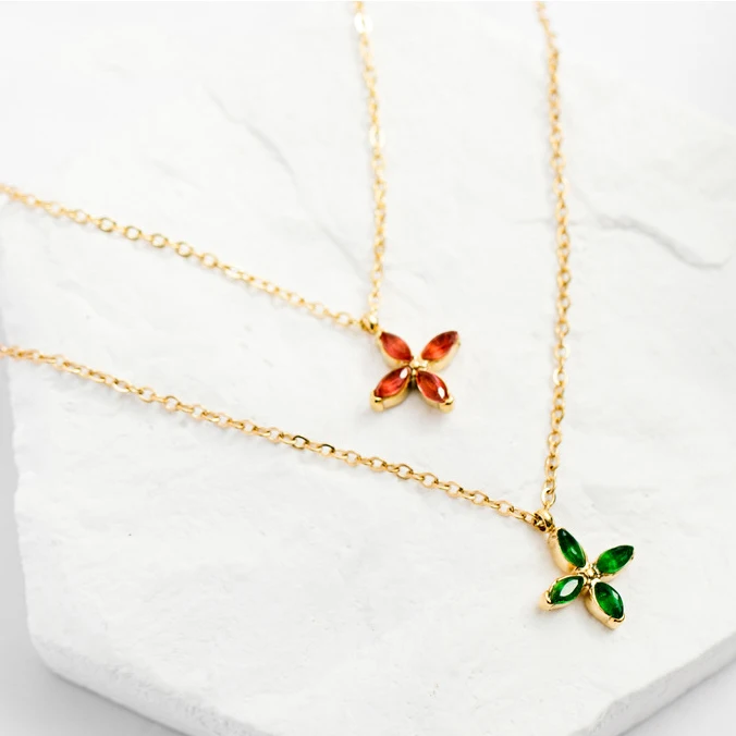 Best Seller Four Leaves Clover 14K Real Gold Plated Pendant Stainless Steel Colorful Zircon Necklace