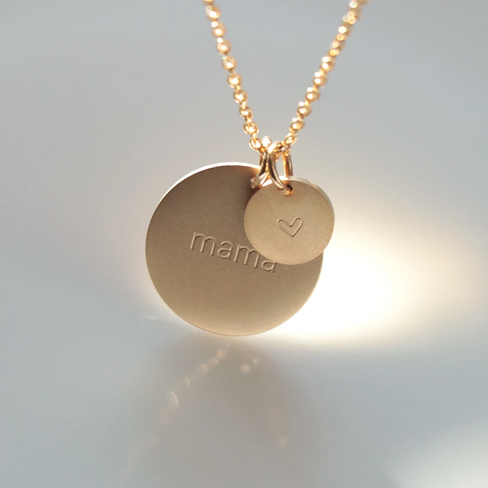 mama jewelry custom stainless steel matte finish 18K gold plated disc charm coin necklace mama necklace