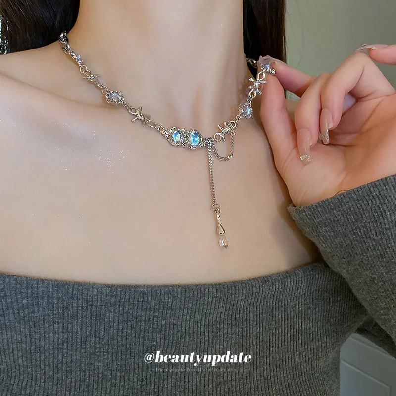 Special-Interest Design Irregular Chain Moonstone Glass Bead Necklace South Korea Ins Clavicle Cold Style Women