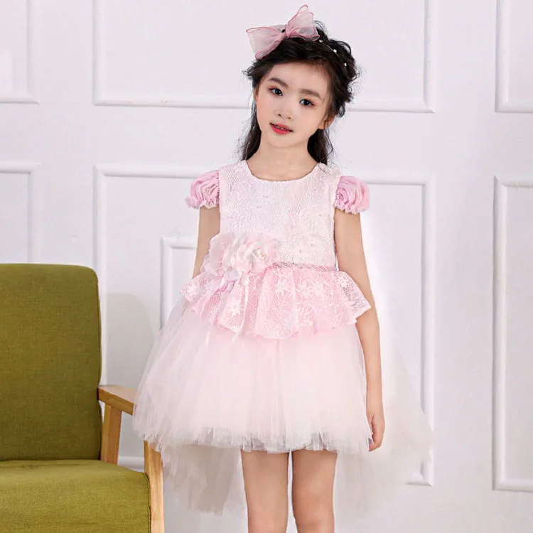 
Girls Party Wedding Flower Lace Dresses With Long Tailed Short Front Long Back Skirts 