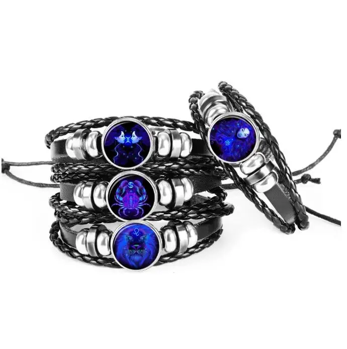2021 Zodiac Sign Black Braided Star Glass Dome Jewelry Punk Luminous Braided Leather Jewelry Bracelet