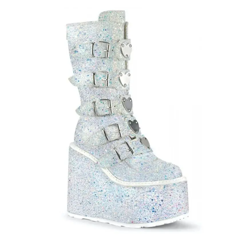 new Customized  Pink Glitter Sequins Heart Round Toe Platform Shoes Knee High Big Size Punk Shoes Fashion Wedge Cool Boots