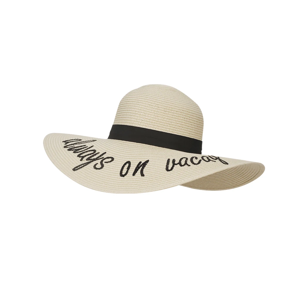 Stylish High Quality Wide Brim Floppy Straw Hat Straw Alphabet Embroidery Paper Braid for Unisex Beach Casual Outdoor Use