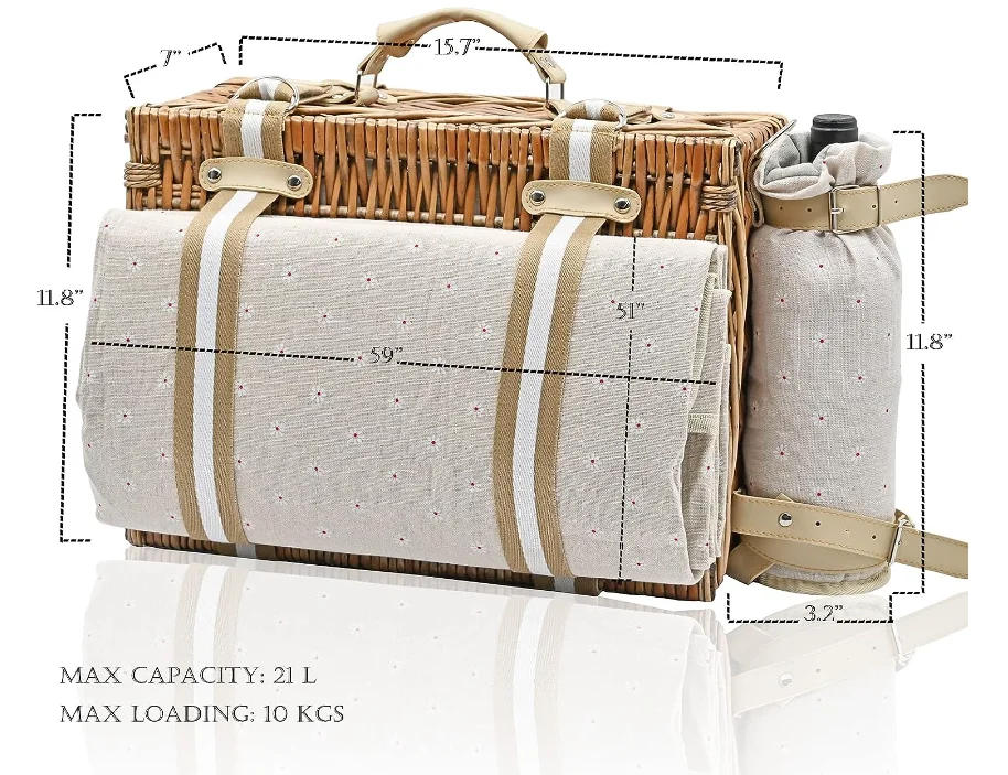 Factory Direct Picnic Basket Set with Insulated Liner and Waterproof Picnic Blanket Wine Bag Large Wicker Picnic Basket
