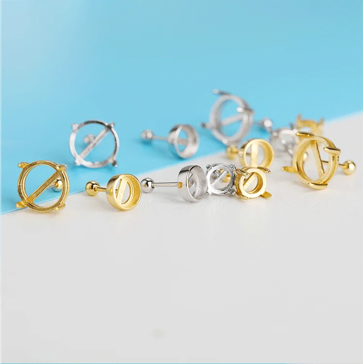 Inlay Jade Pearl Earring Setting 925 Sterling Silver Blank Stud Earring Base for Jewelry Making