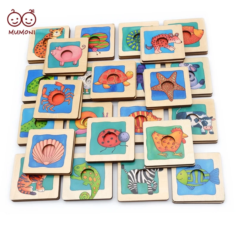 Perfect design animal skin matching toy funny animals cognition game 48 pieces wooden matching puzzles