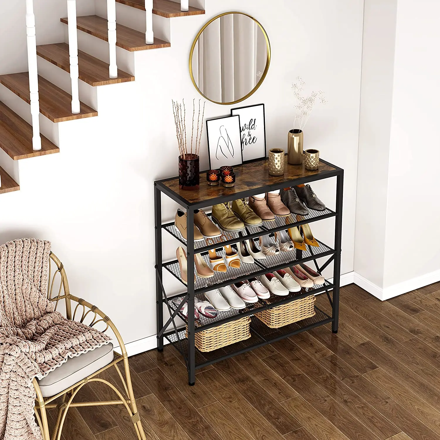 Industrial Metal Living Room Storage Organizer Shoe Cabinet Entryway Wholesale Wooden Shelf Rack 8-Tier Shoes Display Rack Stand
