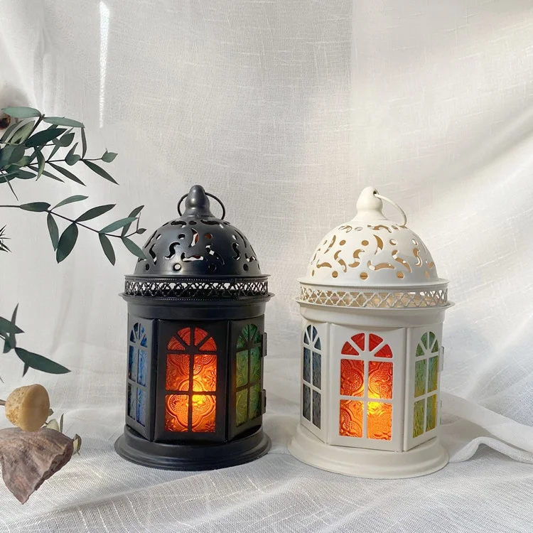 Moroccan Decoration Lantern Stainless Steel with color glass Wedding  Mini tealight lantern Creative Portable lantern outdoor