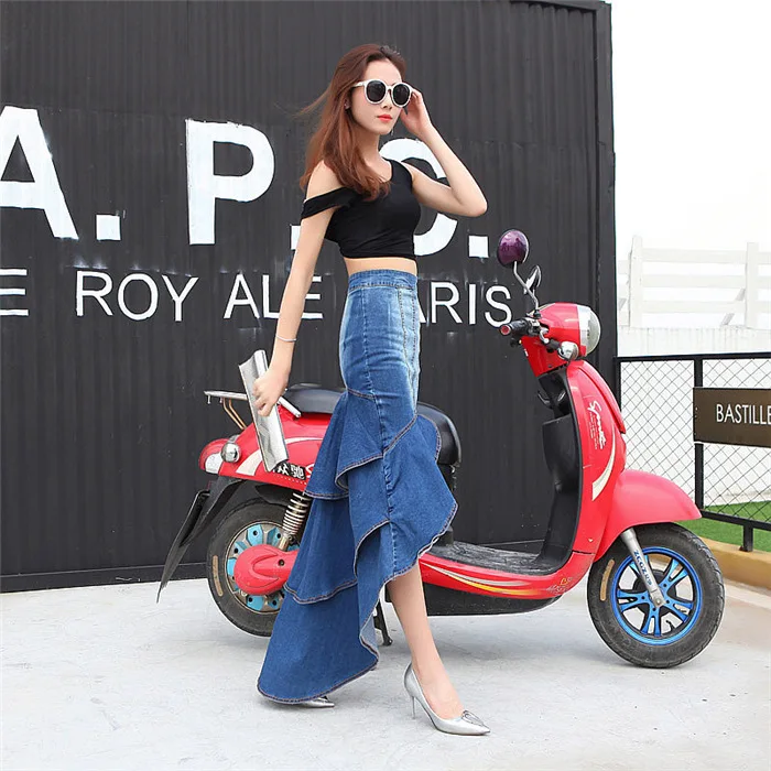 Lady Long Denim Skirt High Waist Gradient Tassel Jeans dresses Trumpet Cool Fish Tail Mermaid Bohemian Maxi Skirts