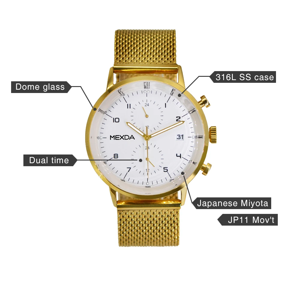 Mexda Double Time Watch Dual Time High Quality Dome Gold Watch Minimalist Slim Watch Orologio Relojes