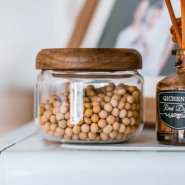 New Arrival Vorratsdose airtight glass storage jar pot de stock glass storage containers for kitchen pantry with wooden lid