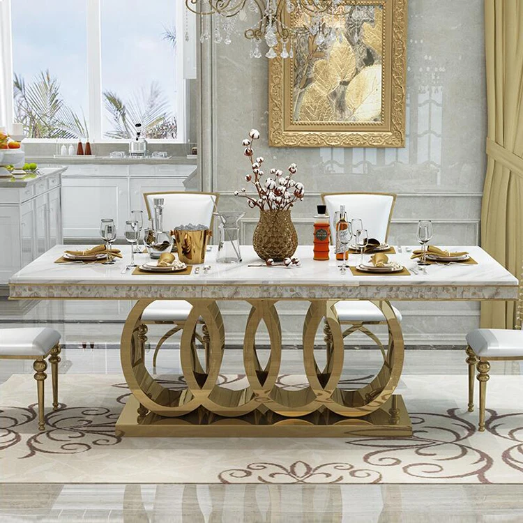 Contemporary UK DUBAI Royal furniture italian design gold stainless steel marble top rectangle big dining table 10 seater set
