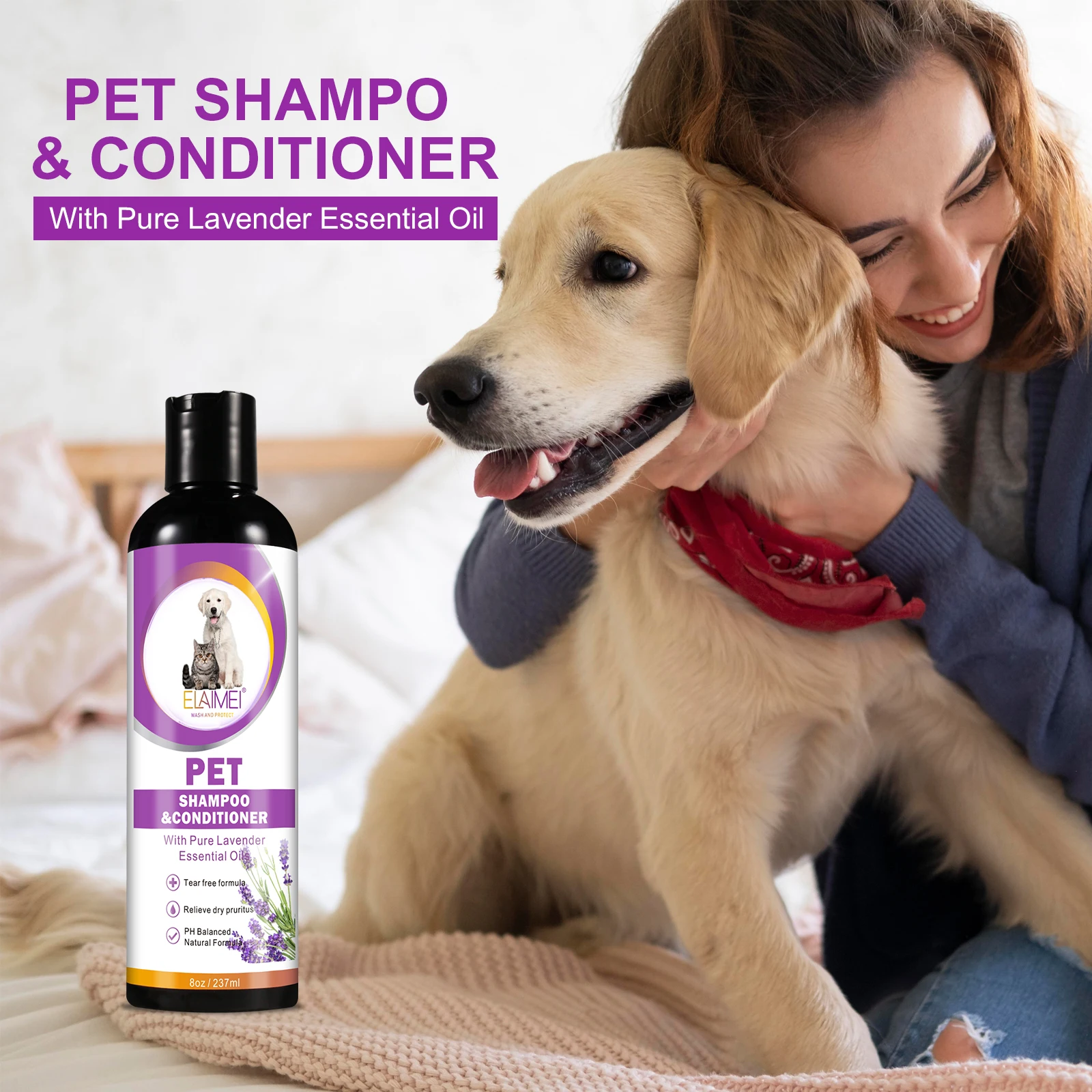 Custom Logo Pet Care Products Professional Lavender Groom Shampoo Korea Deep Cleansing Natural Pet Shampoo Conditioner