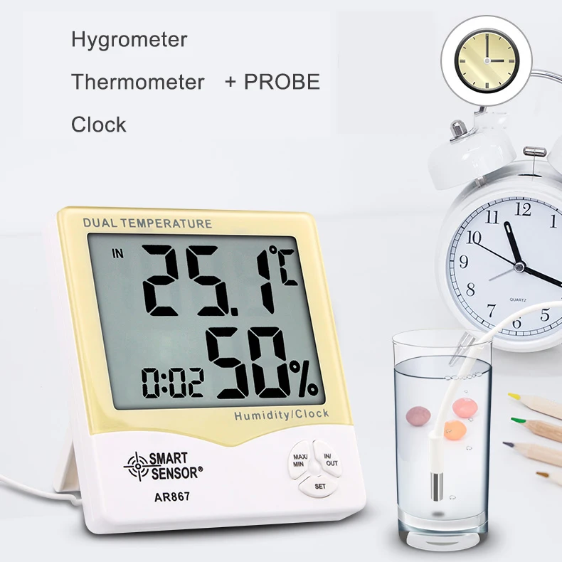 Smart Sensor AR867 LCD Digital Hygrometer Thermometer Clock Dual Humidity Temperature Meter for Indoor Outdoor
