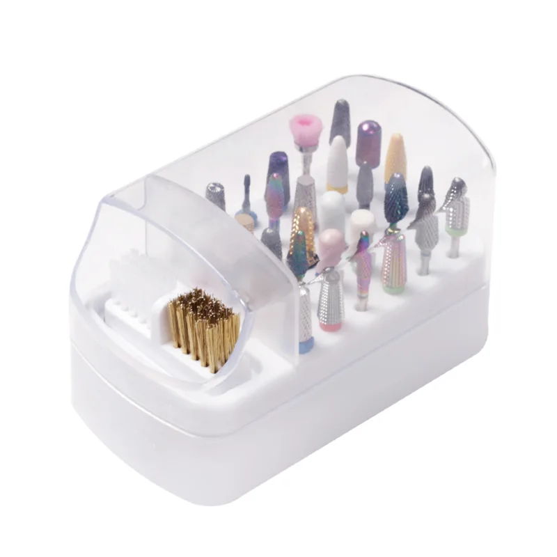 2in1 Professional Empty Nail Drill Bits Box Case 30Holes Display Holder Storge Manicure Pedicure Polish Head With Cleaning Brush