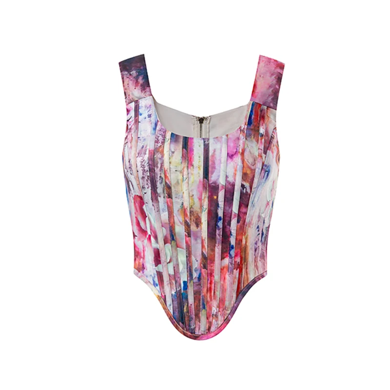 China Manufacturer Vintage Corset Slim Fit Tops Sleeveless Tank Tops For Women Summer Back Pattern Print Woman Tops