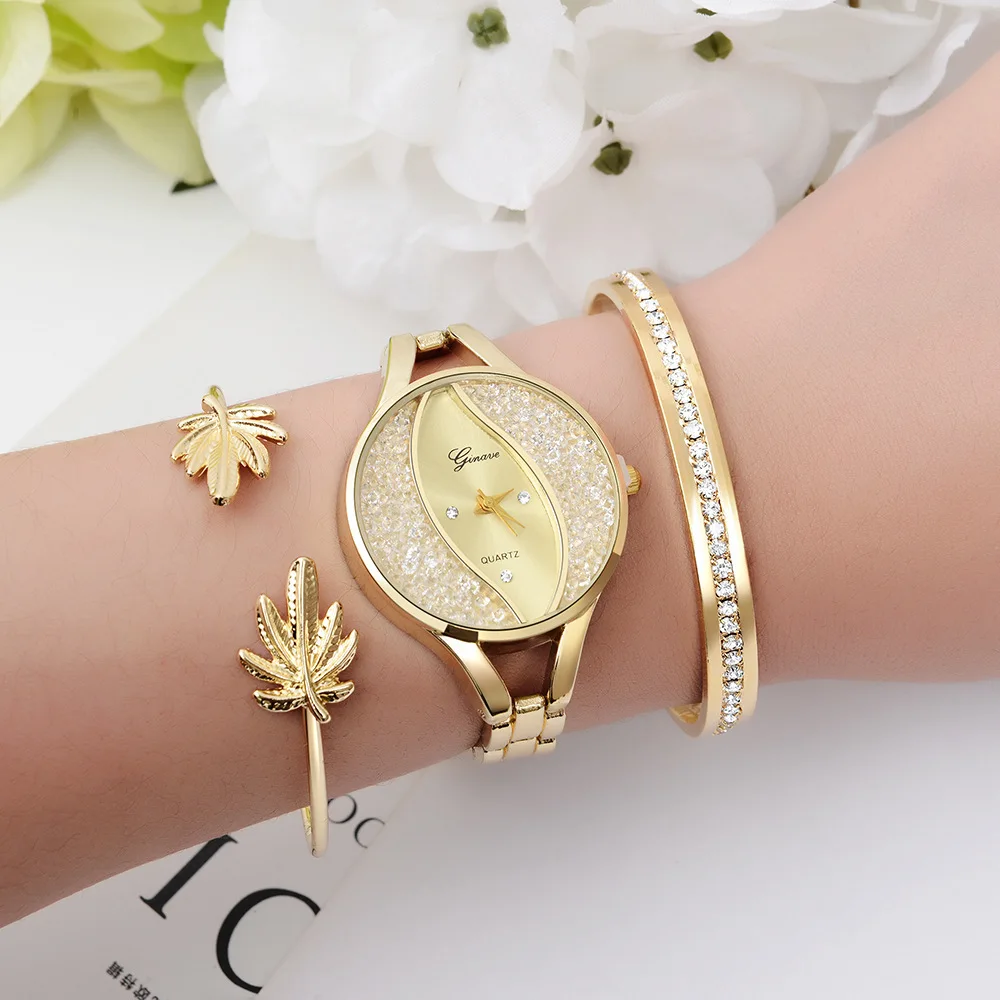 Luxury Ladies Watch Iced Out Watch Quartz Crystal Diamond Classic Fashion Romantic Jewelry Cuff Bracelet Watch Set